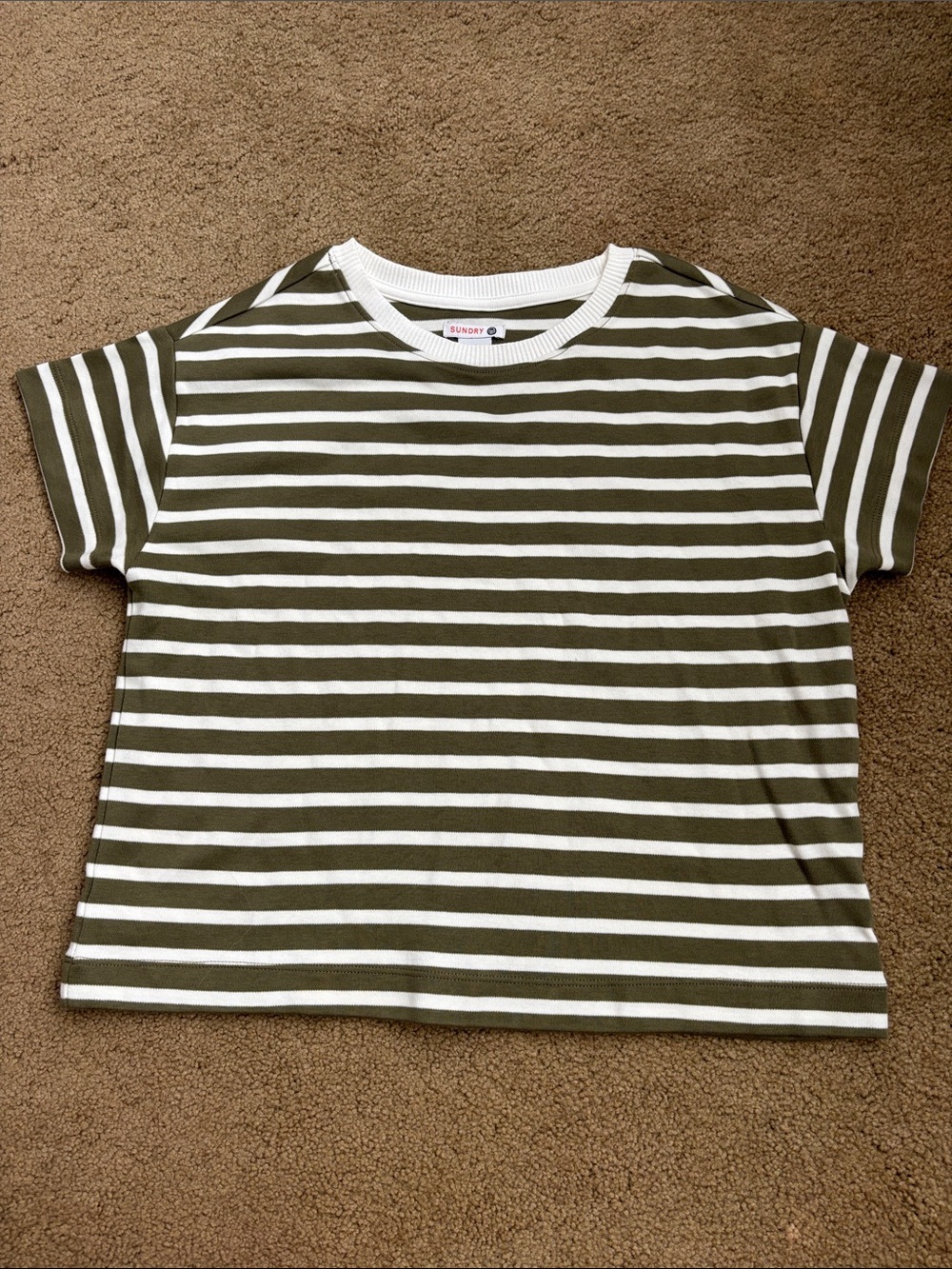 Sundry - size s - Olive Green & White Striped Tee - Classic Crewneck